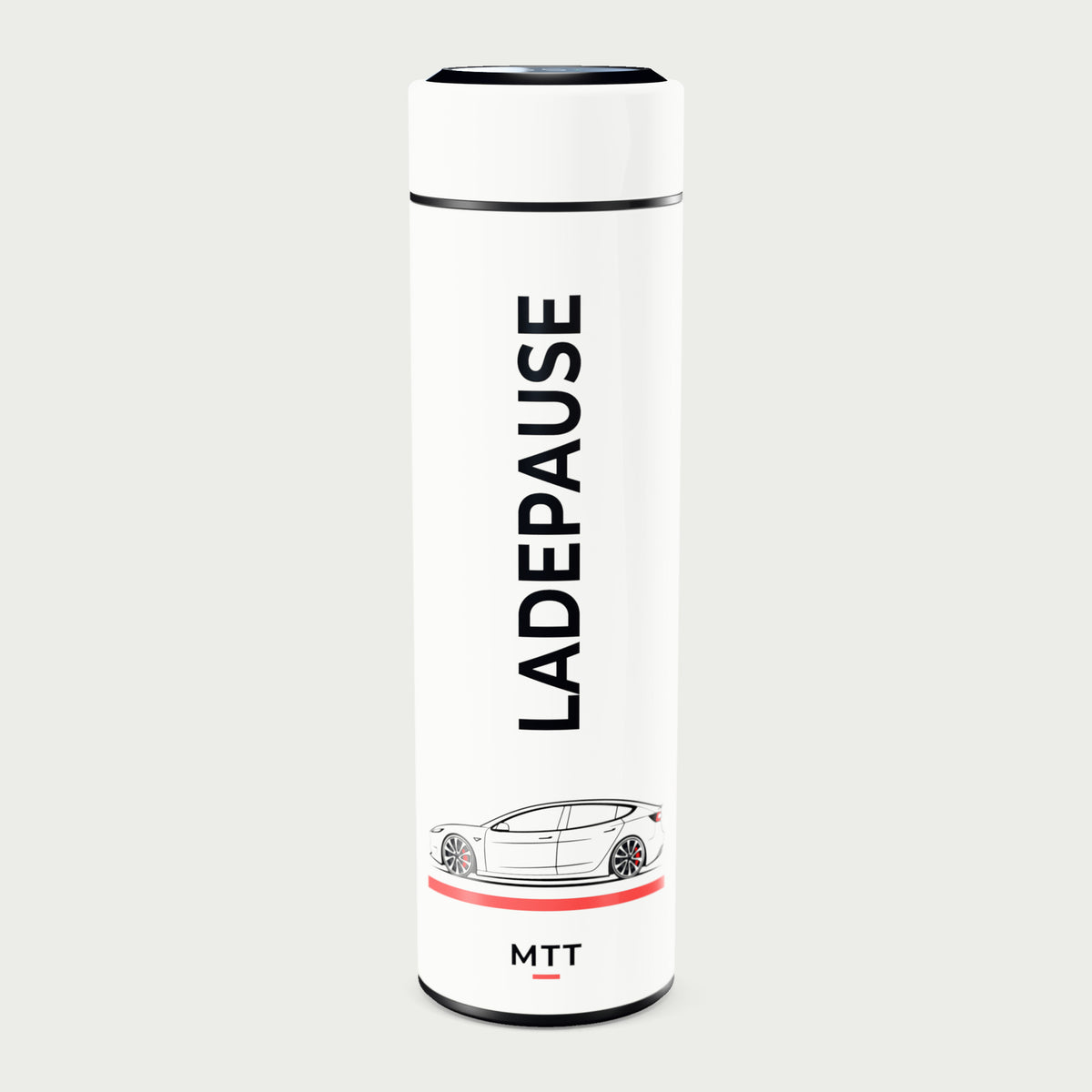 Thermosflasche weiß mit LCD-Temperaturanzeige im Deckel, 500 ml, Motiv „Ladepause“ als UV-Druck, vor hellgrauem Hintergrund
