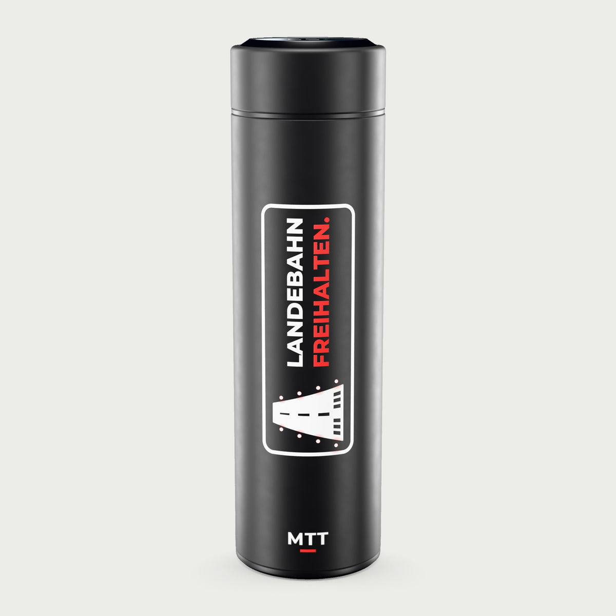 Thermosflasche schwarz mit LCD-Temperaturanzeige im Deckel, 500 ml, Motiv „Landebahn freihalten“ als UV-Druck, vor hellgrauem Hintergrund