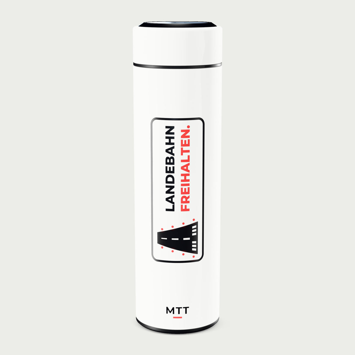 Thermosflasche weiß mit LCD-Temperaturanzeige im Deckel, 500 ml, Motiv „Landebahn freihalten“ als UV-Druck, vor hellgrauem Hintergrund