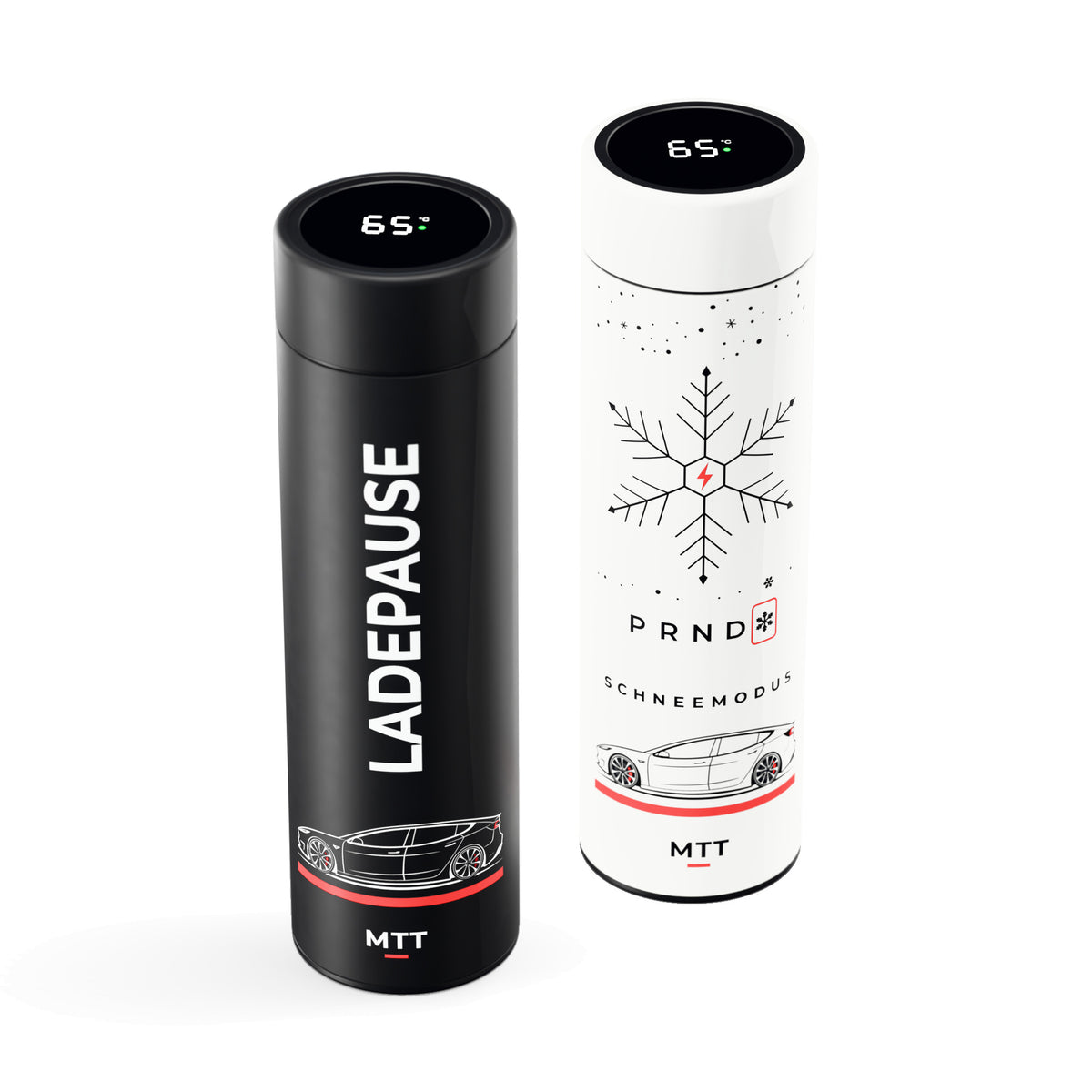 Thermosflasche mit LCD-Temperaturanzeige im Deckel, Schwarz mit Motiv Ladepause und Weiß mit Motiv Schneemodus