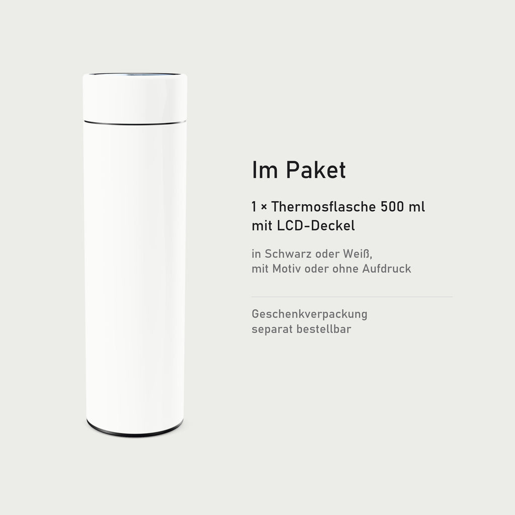 Lieferumfang: eine Thermosflasche 500 ml mit LCD-Deckel, Geschenkverpackung separat bestellbar