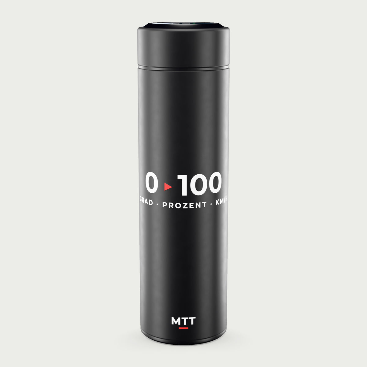 Thermosflasche schwarz mit LCD-Temperaturanzeige im Deckel, 500 ml, Motiv „Null auf Hundert“ als UV-Druck, vor hellgrauem Hintergrund