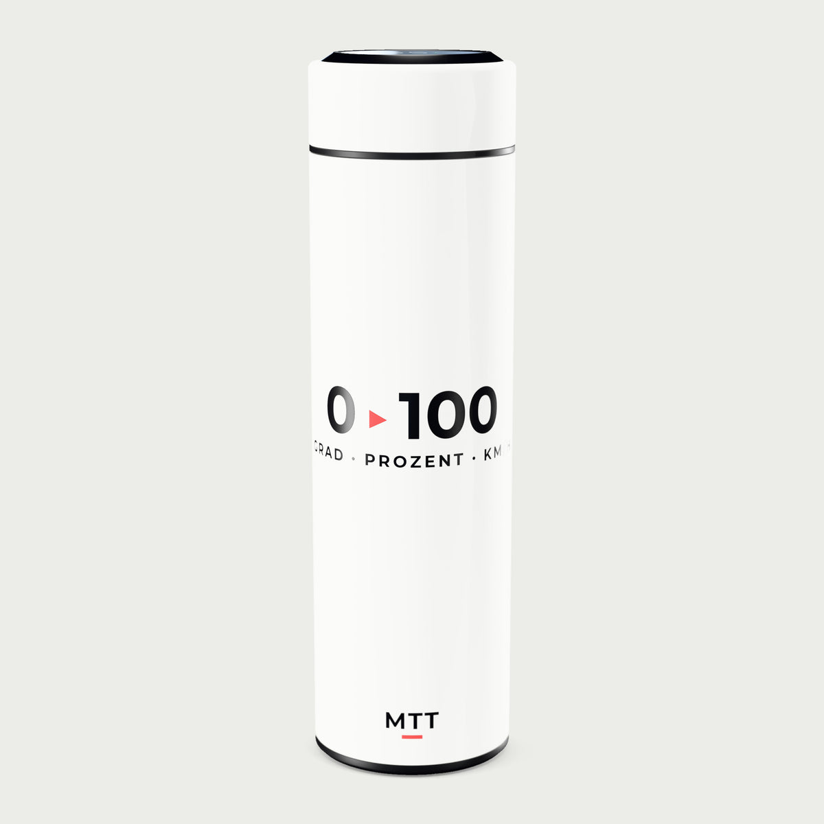 Thermosflasche weiß mit LCD-Temperaturanzeige im Deckel, 500 ml, Motiv „Null auf Hundert“ als UV-Druck, vor hellgrauem Hintergrund
