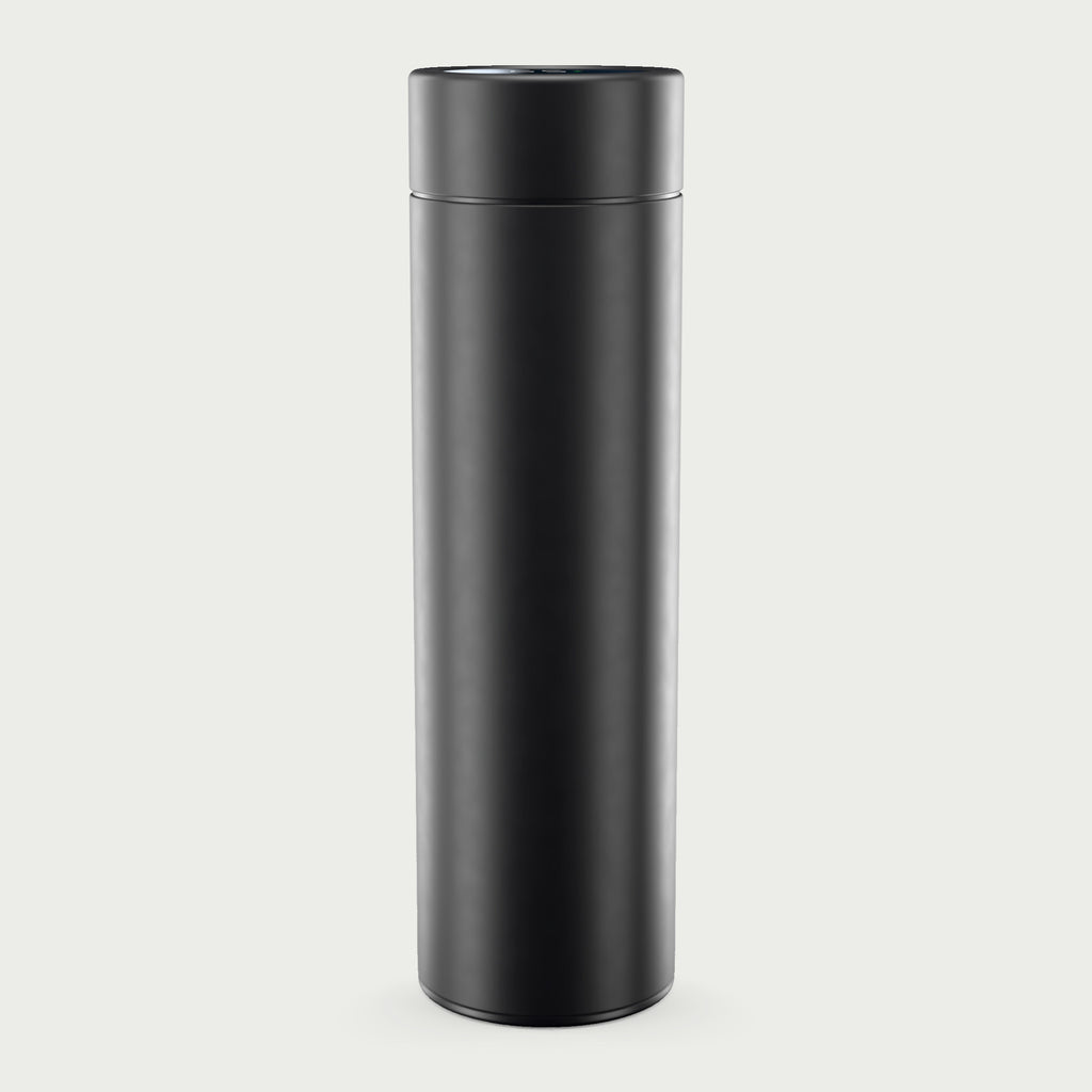 Thermosflasche schwarz mit LCD-Temperaturanzeige im Deckel, 500 ml, ohne Aufdruck, vor hellgrauem Hintergrund