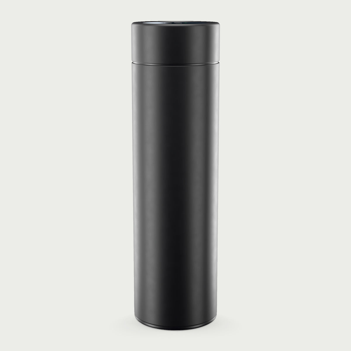 Thermosflasche schwarz mit LCD-Temperaturanzeige im Deckel, 500 ml, ohne Aufdruck, vor hellgrauem Hintergrund