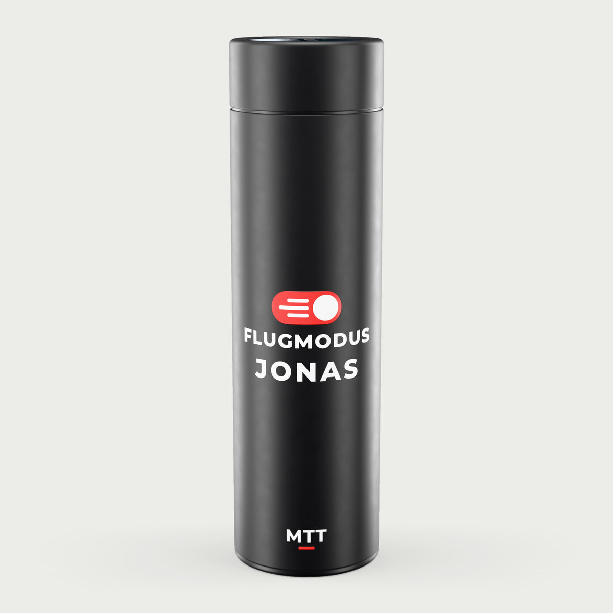 Thermosflasche Schwarz mit Motiv Flugmodus und eigenem Namen darunter, Beispiel Jonas