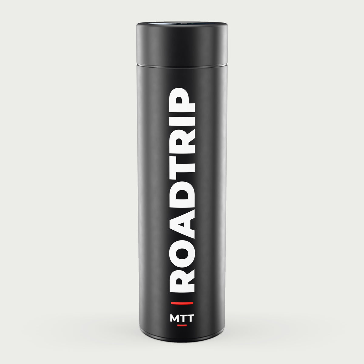 Thermosflasche Schwarz mit Wunschtext in der Vorlage Hochkant, Beispiel Roadtrip, senkrecht gedruckt