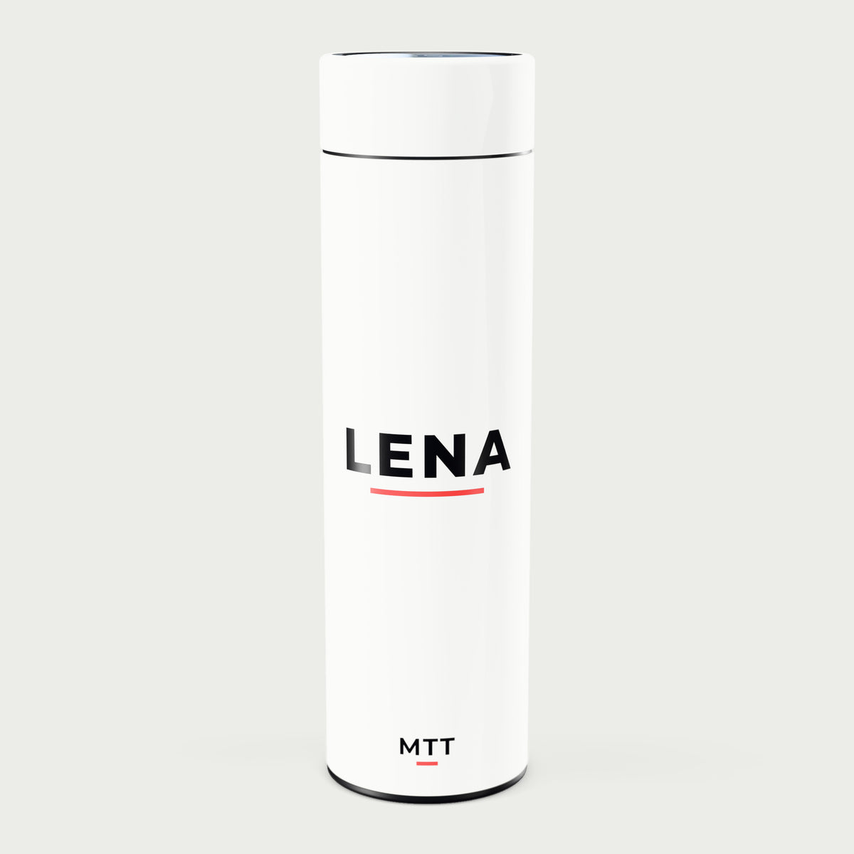 Thermosflasche Weiß mit Namen in der Vorlage Name und Linie, Beispiel Lena mit roter Linie