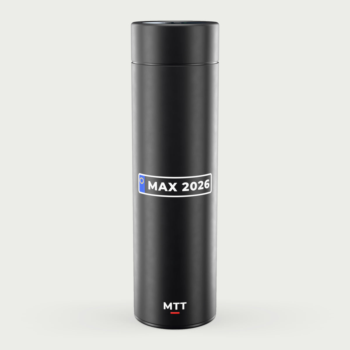 Thermosflasche Schwarz mit Wunschtext in der Vorlage Schild im Kennzeichen-Look, Beispiel Max 2026