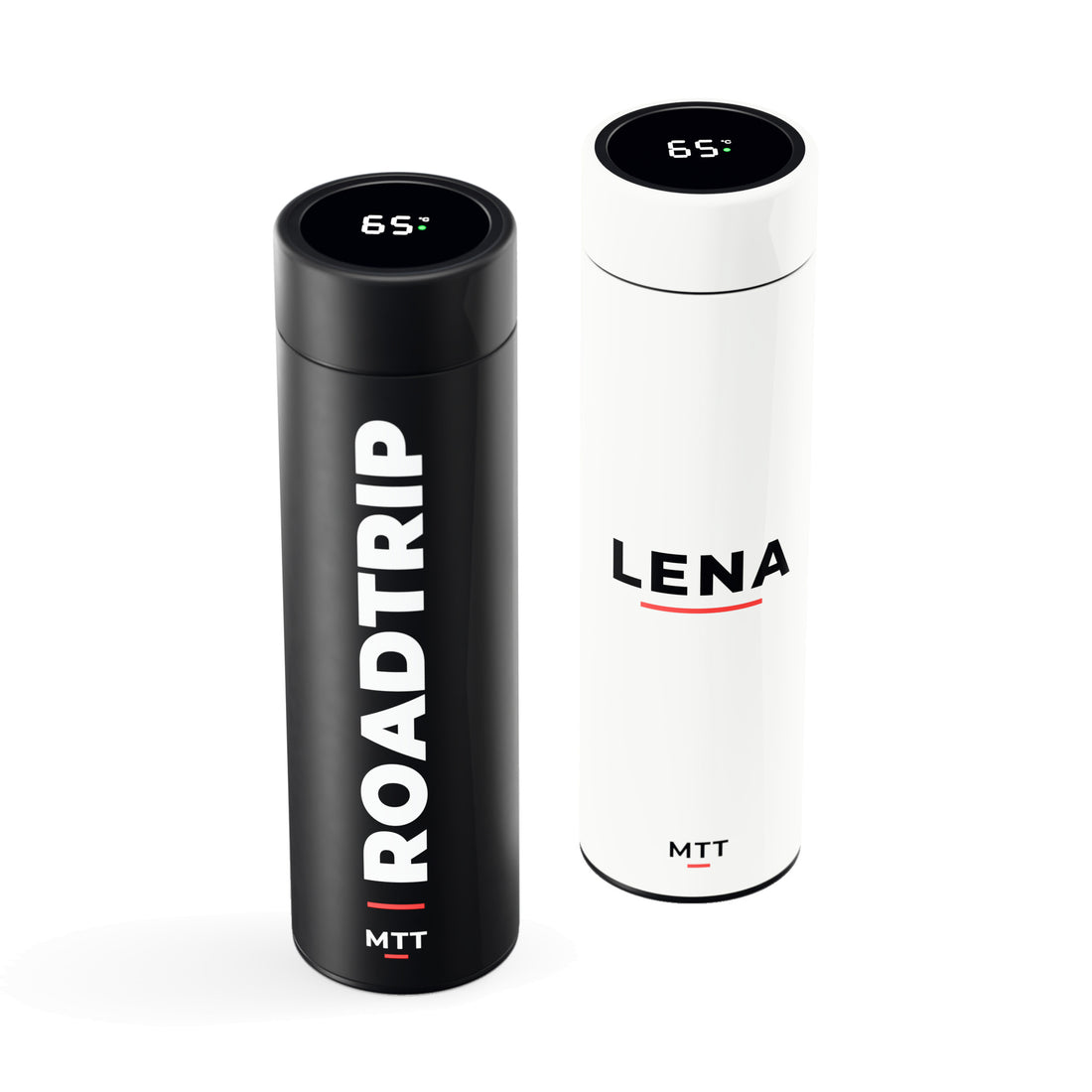 Personalisierte Thermosflasche in Schwarz und Weiß mit Wunschtext, Beispiele Roadtrip und Lena, LCD-Anzeige im Deckel