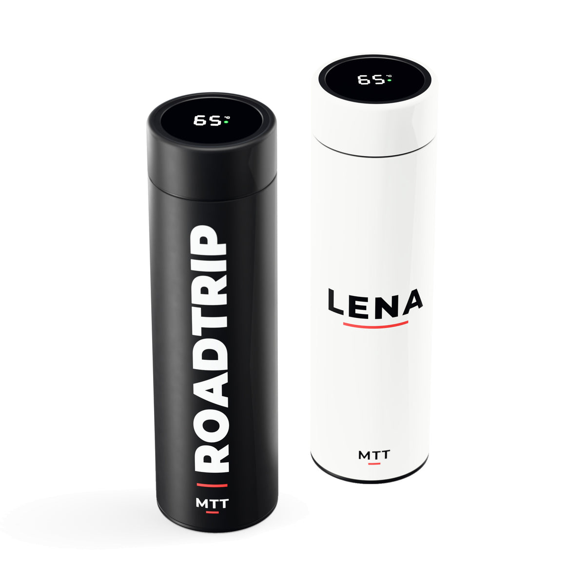 Personalisierte Thermosflasche in Schwarz und Weiß mit Wunschtext, Beispiele Roadtrip und Lena, LCD-Anzeige im Deckel