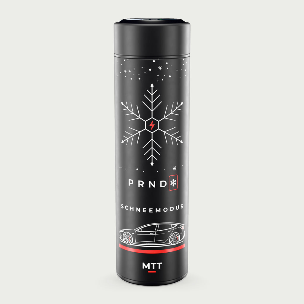 Thermosflasche schwarz mit LCD-Temperaturanzeige im Deckel, 500 ml, Motiv „Schneemodus“ als UV-Druck, vor hellgrauem Hintergrund