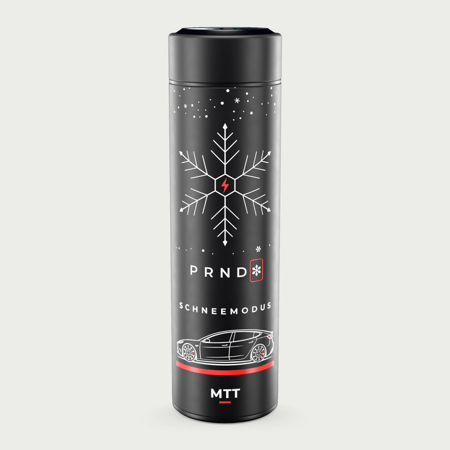 Thermosflasche schwarz mit LCD-Temperaturanzeige im Deckel, 500 ml, Motiv „Schneemodus“ als UV-Druck, vor hellgrauem Hintergrund