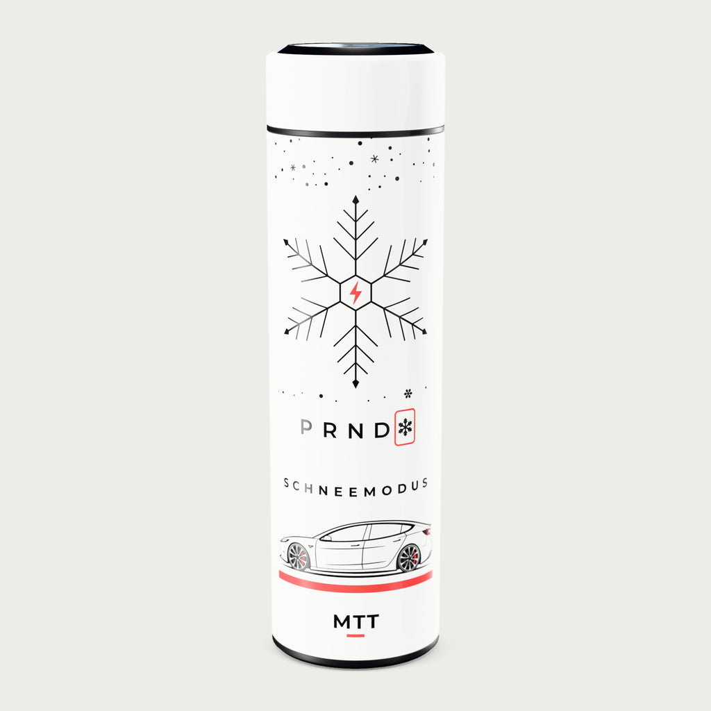 Thermosflasche weiß mit LCD-Temperaturanzeige im Deckel, 500 ml, Motiv „Schneemodus“ als UV-Druck, vor hellgrauem Hintergrund