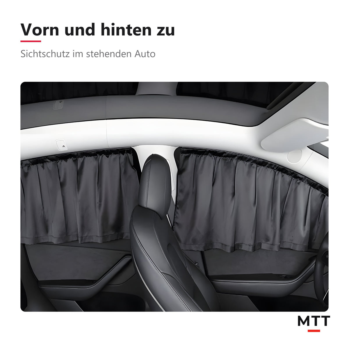 Vorhangset für Tesla – Vorhänge an den vorderen und hinteren Seitenscheiben geschlossen, Blick in den Innenraum