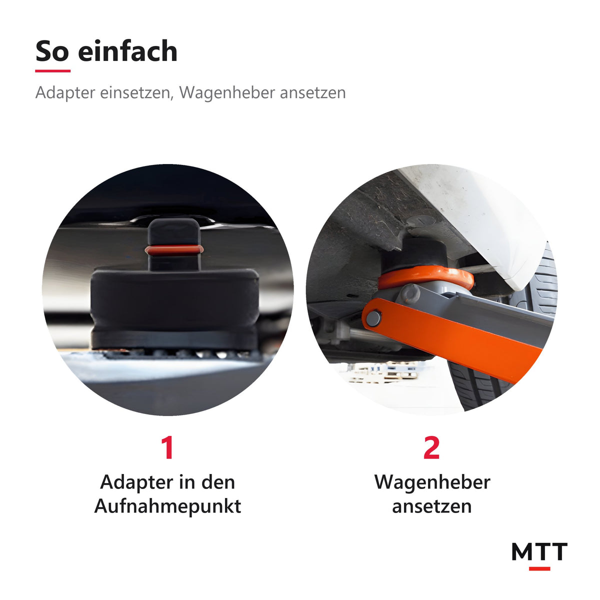 Wagenheber-Adapter für Tesla – Adapter im Aufnahmepunkt, Wagenheber angesetzt