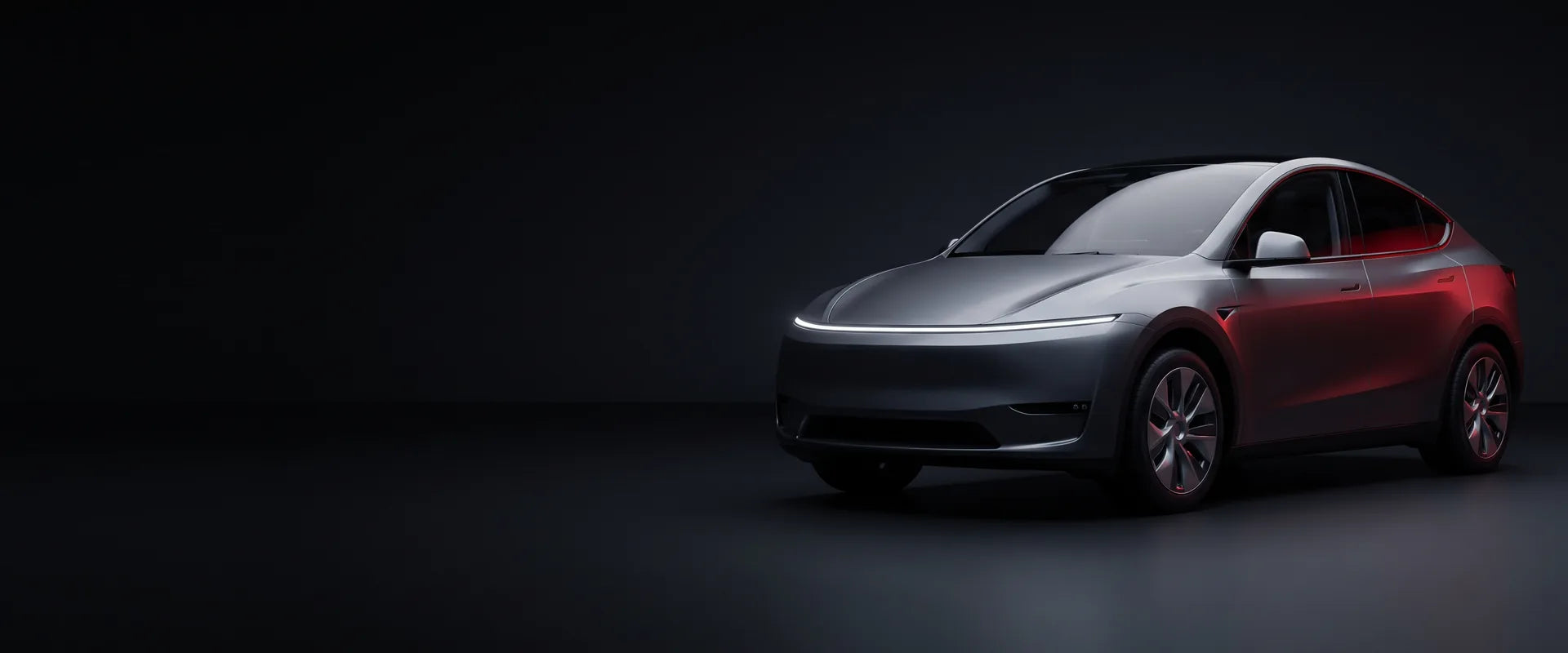 KI-generierte Illustration: Tesla Model Y in einer dunklen Studioszene mit rotem Lichtakzent