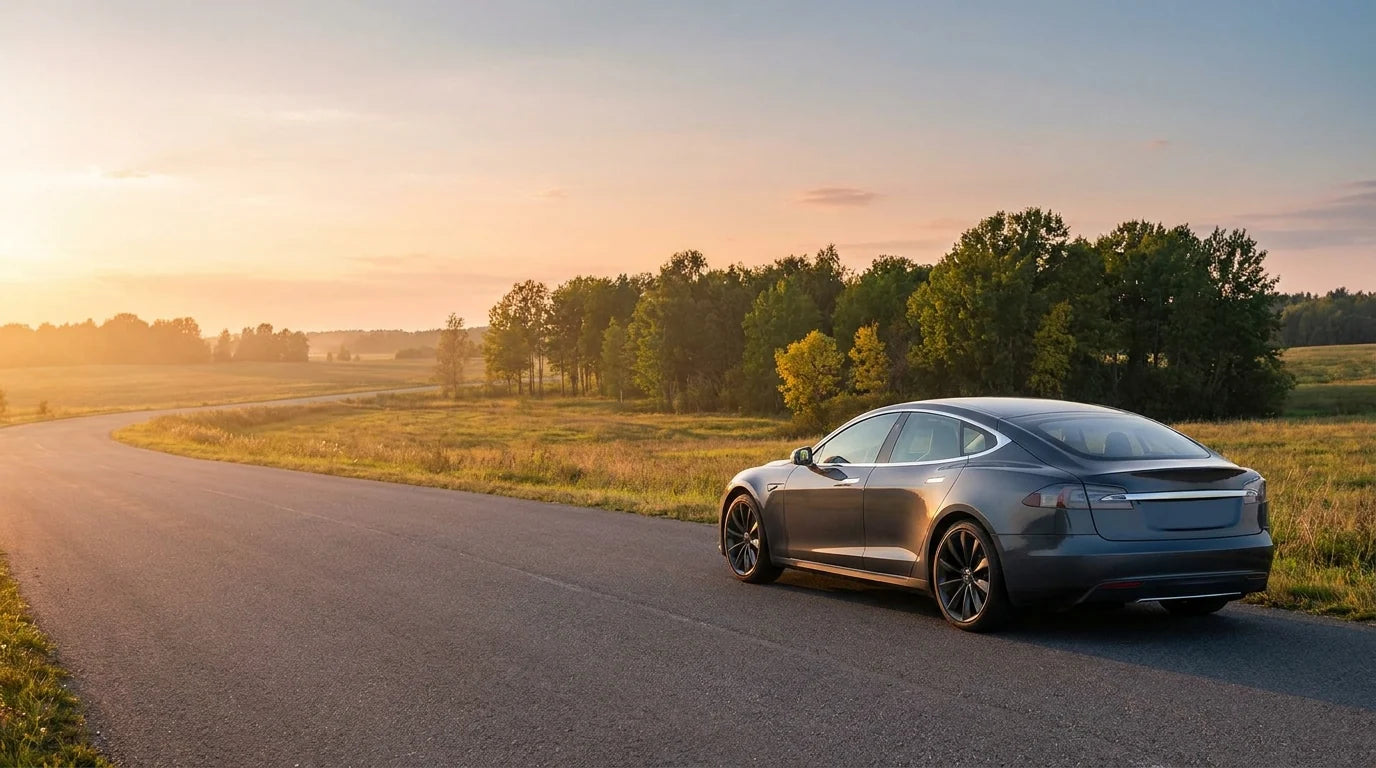 Tesla auf einer Landstra&szlig;e im Abendlicht des Sp&auml;tsommers